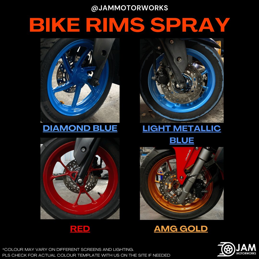 JAM Motorworks motorcycle rim spray colours: Diamond Blue, Light Metallic Blue, Red, AMG Gold
