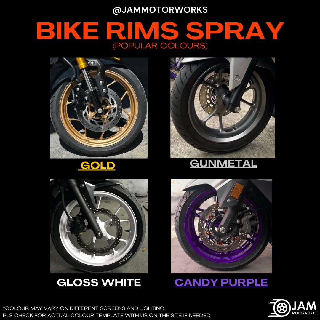 JAM Motorworks motorcycle rim spray colours: Gold, Gunmetal, Gloss White, Candy Purple