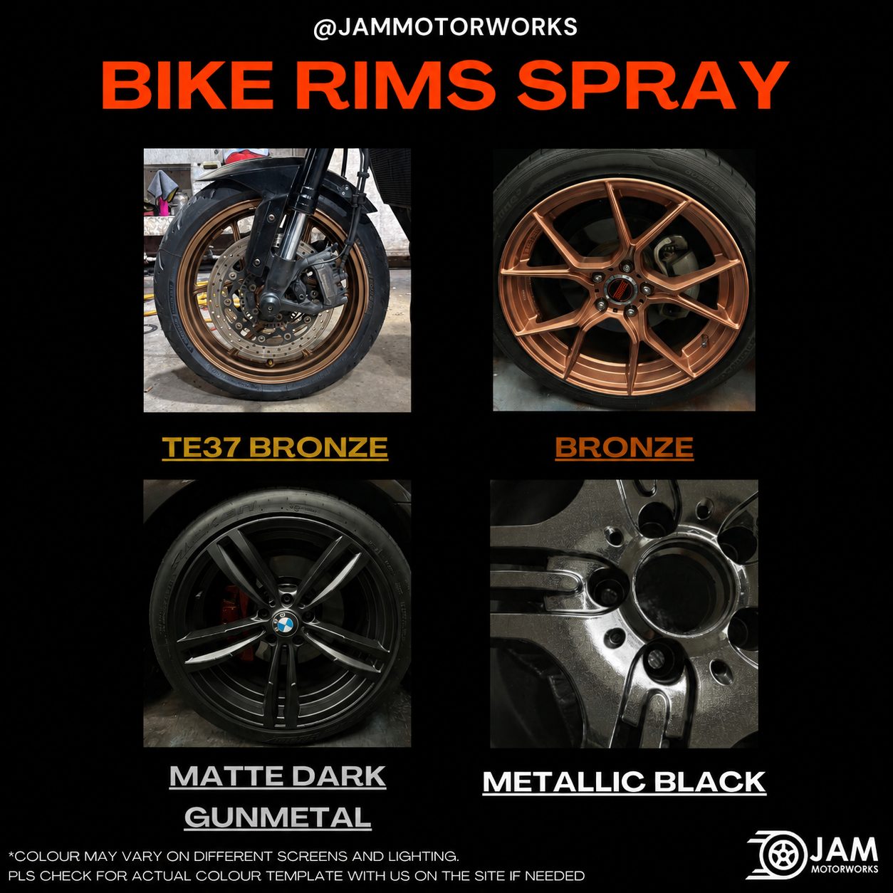 JAM Motorworks motorcycle rim spray colours: TE37 Bronze, Bronze, Matte Dark Gunmetal, Metallic Black