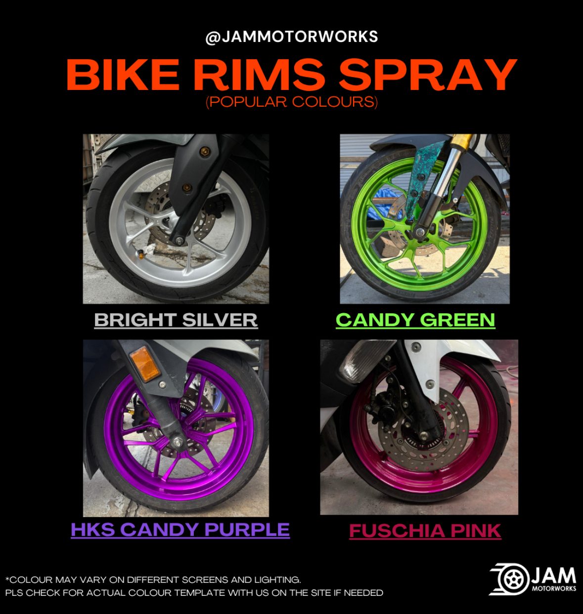 JAM Motorworks motorcycle rim spray colours: Bright Silver, Candy Green, HKS Candy Purple, Fuschia Pink
