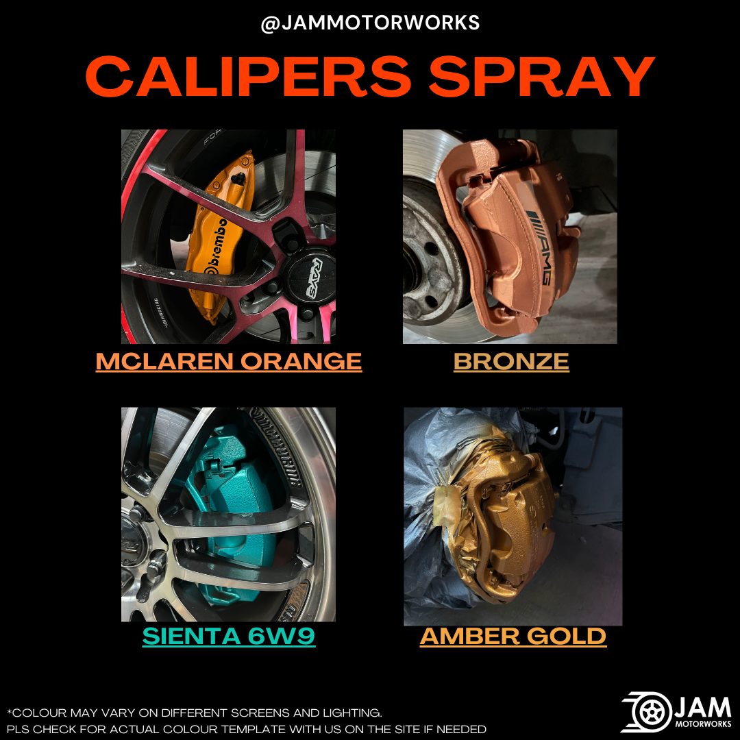 JAM Motorworks caliper spray colours: McLaren Orange, Bronze, Sienta 6W9, Amber Gold