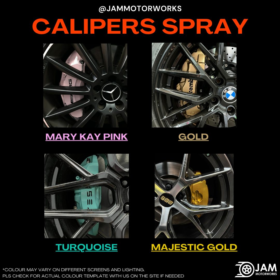 JAM Motorworks caliper spray colours: Mary Kay Pink, Gold, Turquoise, Majestic Gold