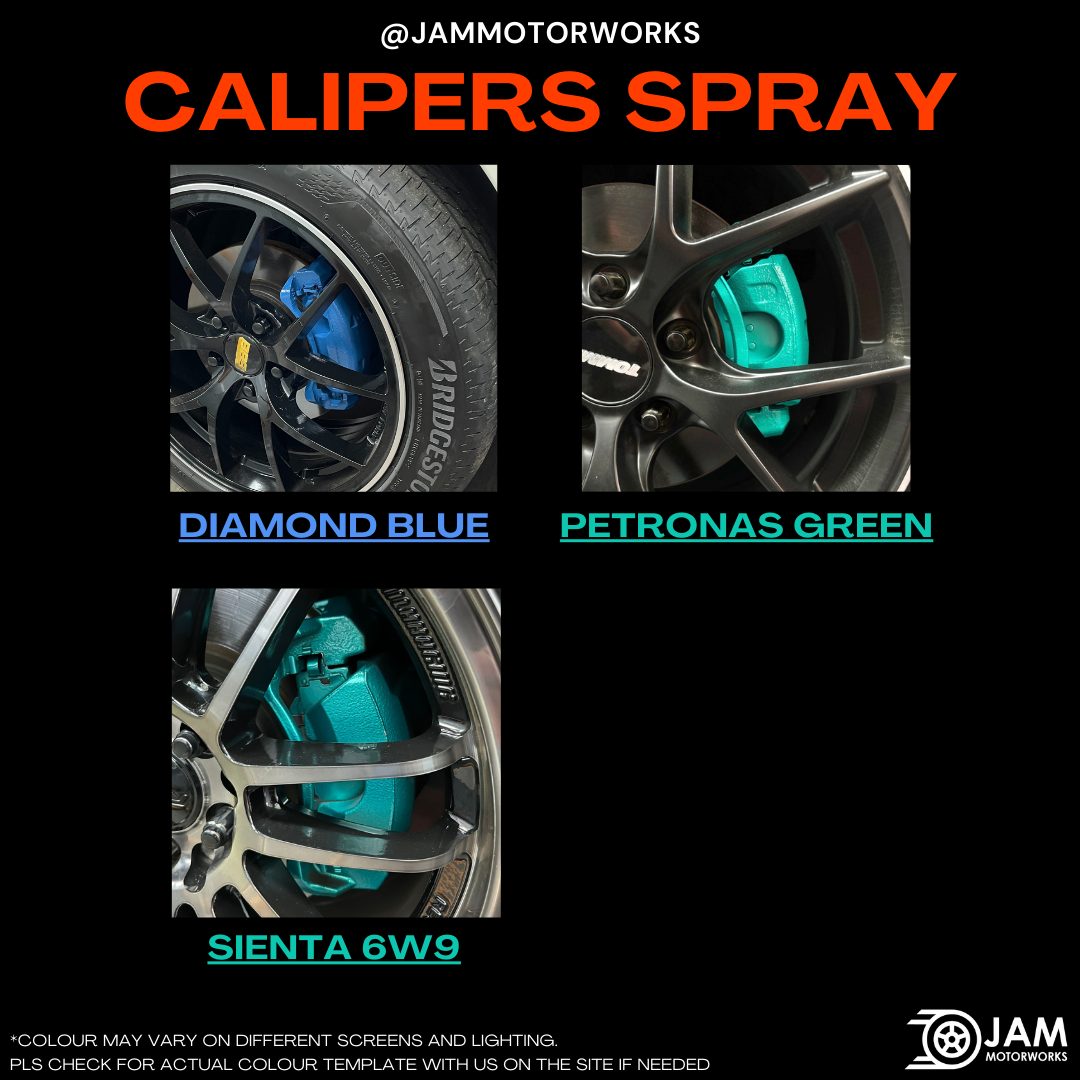 JAM Motorworks caliper spray colours: Diamond Blue, Petronas Green, Sienta 6W9