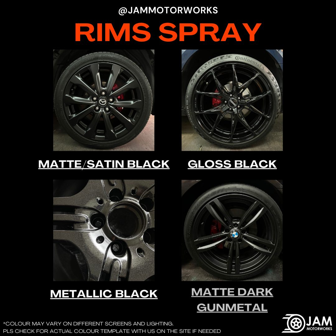 JAM Motorworks car rim spray colours: Matte/Satin Black, Gloss Black, Metallic Black, Matte Dark Gunmetal