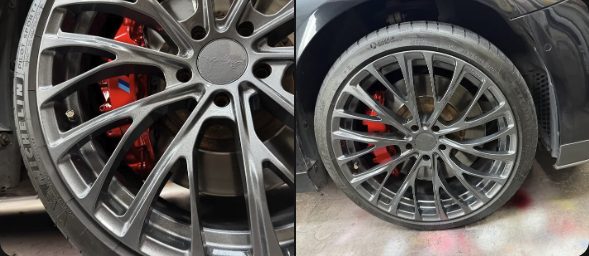 Customer's gunmetal sprayed rims with red calipers, photo from Jason Lee's Google review